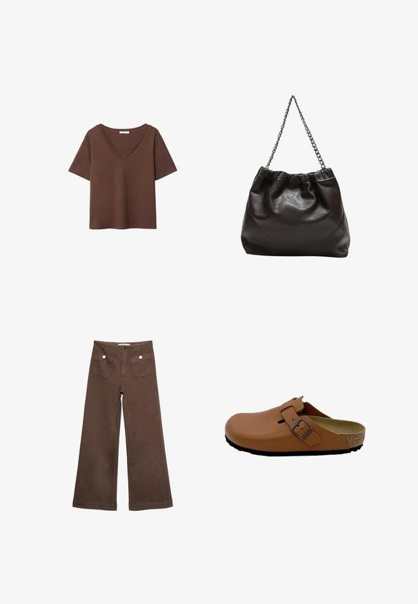 Brun bomulls t-shirt med korta ärmar och djup V-ringning. Enkel design, mjuk textur och rak fåll. Inga mönster eller dekorationer.; Bruna vida byxor i bomull med två framfickor med silverknappar och en slät yta.; Birkenstock Clogs - ginger_brown; Brun läderväska med rynkad topp och kedjesnodd. Slät textur med en blankslipad yta och subtila sömdetaljer på sidorna.