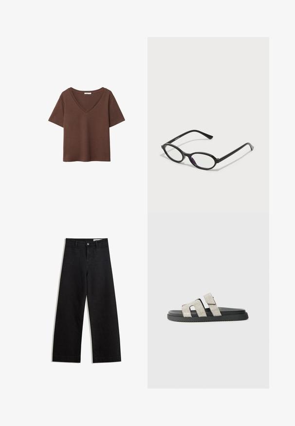 Braunes Baumwoll-T-Shirt mit kurzen Ärmeln und tiefem V-Ausschnitt. Einfaches Design, weiche Textur und gerade Saumlinie. Keine Muster oder Akzente.; Schwarze weit geschnittene Jeans mit hoher Taille, ausgestattet mit Vorder- und Hintertaschen, gesteppten Nähten und einem Knopfverschluss. Glatte Textur.; Schwarze Riemensandale mit flacher Sohle und zwei vertikalen Bändern, die mit silbernen Strasssteinen verziert sind. Gummioberfläche mit subtiler Profildesign.; Schwarze Brille mit ovalem Rahmen und durchscheinenden lila Akzenten auf den Gläsern. Der Rahmen hat eine matte Oberfläche und schlanke, gerade Bügel.