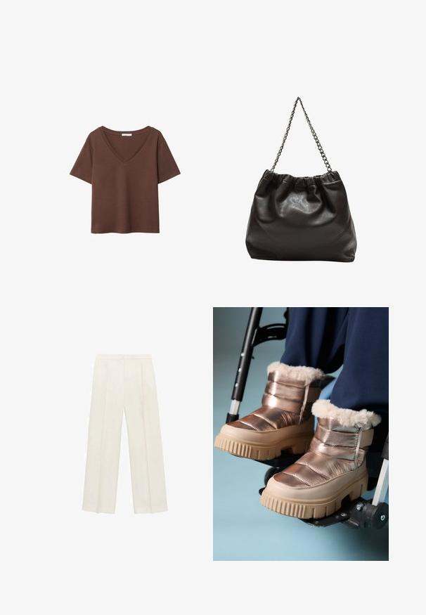 Brun bomulds t-shirt med korte ærmer og dyb V-hals. Enkel design, blød tekstur og lige kant. Ingen mønstre eller detaljer.; Bredbenede bukser i en lys cremefarve. Fremstillet af et glat stof med plisseringer foran og sidelommer.; Person i metallisk, pelsforede vinterstøvler hviler fødderne på fodstøtterne på en kørestol mod en lys blå baggrund.; Brun lædertaske med en rynket top og en kædestrop. Glat tekstur med en blank finish og subtile sømdetaljer på siderne.