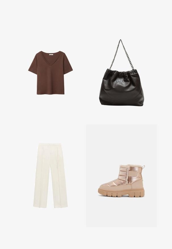 Hnědý bavlněný tričko s krátkými rukávy a hlubokým V-výstřihem. Jednoduchý design, měkká textura a rovný lem. Žádné vzory ani akcenty.; Kalhoty s širokými nohavicemi v světle krémové barvě. Vyrobené z hladké tkaniny s záhyby vpředu a bočními kapsami.; Metalické růžově zlaté kotníkové boty s prošívanou texturou, měkkou podšívkou a robustní béžovou gumovou podešví. Obsahují boční zip a zadní poutko.; Hnědá kožená taška se sbíraným vrškem a řetízkovým popruhem. Hladký povrch s lesklým finišem a jemným švem na bocích.