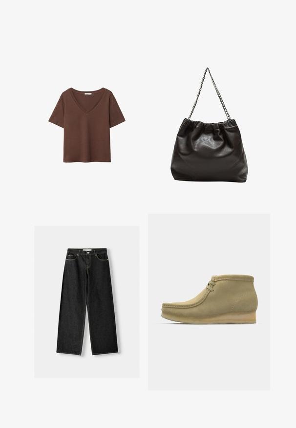 Brun bomulds t-shirt med korte ærmer og dyb V-hals. Enkel design, blød tekstur og lige kant. Ingen mønstre eller detaljer.; Sorte denim bukser med bred ben, der har fem lommer, metalknap og lynlås lukning samt kontrasterende gul syning langs sømmene.; Beige ruskind ankelstøvler med rund tå, minimal syning, en lille hæl og snørebåndslukning for justerbar pasform.; Brun lædertaske med en rynket top og en kædestrop. Glat tekstur med en blank finish og subtile sømdetaljer på siderne.