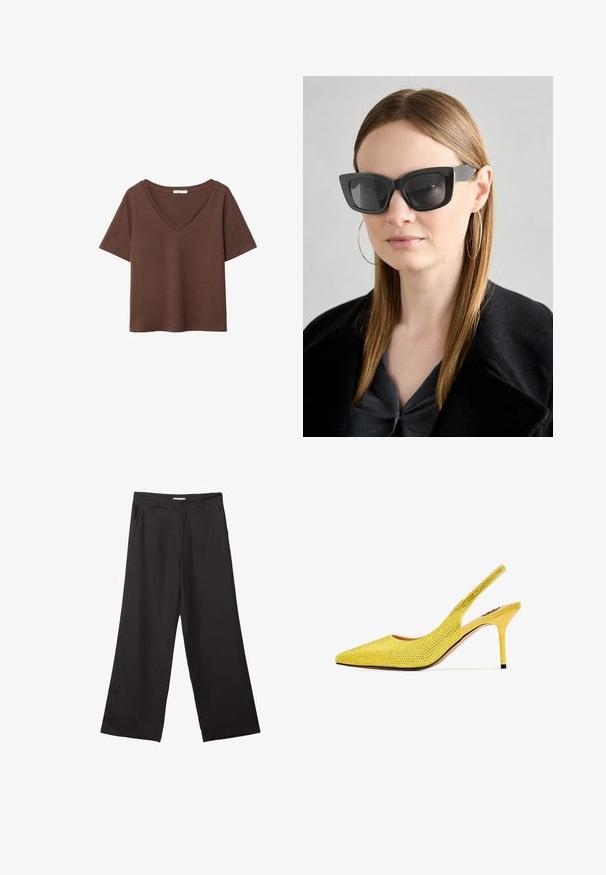 Brązowy bawełniany t-shirt z krótkimi rękawami i głębokim dekoltem w kształcie litery V. Prosty design, miękka faktura i prosty krój u dołu. Brak wzorów i akcentów.; Czarne spodnie z szerokimi nogawkami, wykonane z gładkiego materiału, z przednim zamkiem błyskawicznym i dwoma bocznymi kieszeniami, o dopasowanym kroju i minimalistycznym wzornictwie.; Żółta szpilka typu slingback z wydłużonym noskiem, pokryta drobnymi cyrkoniami. Posiada smukły obcas oraz miękką wyściółkę wewnętrzną.; Czarne okulary w kocim kształcie z ciemnymi soczewkami, grubymi oprawkami i subtelnymi akcentami. Noszone z czarnym płaszczem i szarym topem, z długimi prostymi włosami.; Czarna torba tote zamszowa o gładkiej fakturze, strukturalnym kształcie i kontrastowym przeszyciu. Posiada długie rączki do noszenia na ramieniu.