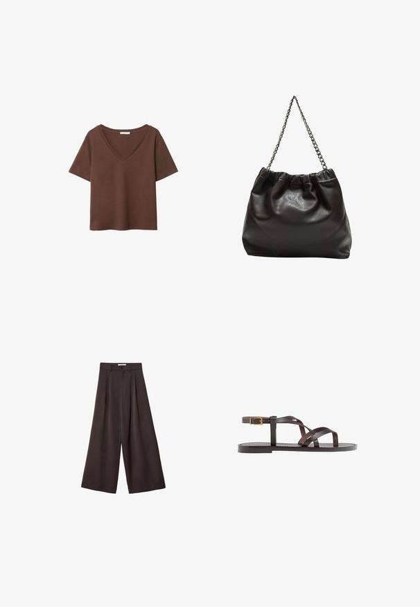 Rjava bombažna majica s kratkimi rokavi in globokim V-izrezom. Preprost dizajn, mehak material in raven rob. Brez vzorcev ali dekorativnih elementov.; Črne široke hlače z visokim pasom, ki vsebujejo sprednje nabore in z gumbom za zapiranje na pasu, izdelane iz gladkega materiala.; Rjav usnjen sandal z načinom prečnega črta, zaklepom okoli gležnja in ravnim podplatom z minimalnimi šivi.; Rjava usnjena torba z nabranim vrhom in verižnim trakom. Gladka tekstura z sijajno površino in subtilnimi šivi na straneh.