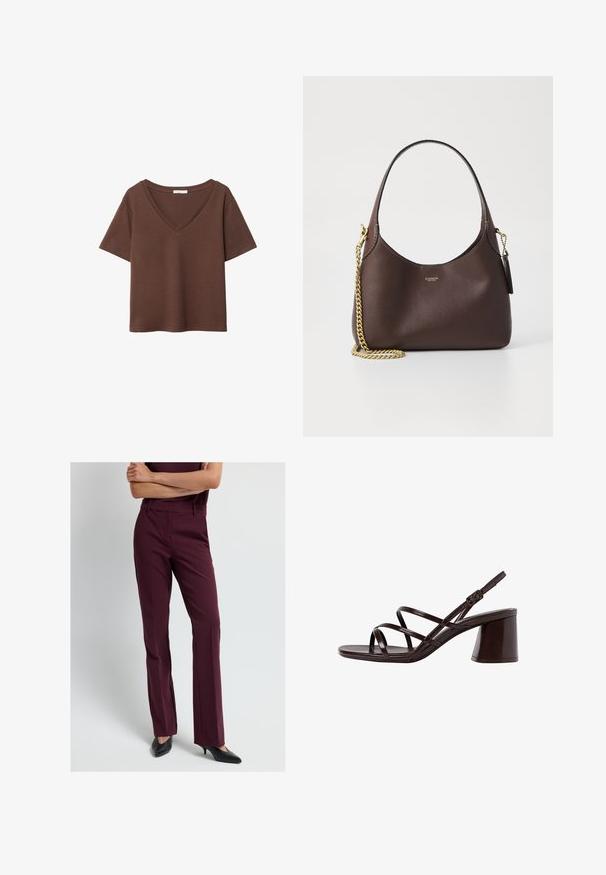 Hnědý bavlněný tričko s krátkými rukávy a hlubokým V-výstřihem. Jednoduchý design, měkká textura a rovný lem. Žádné vzory ani akcenty.; Burgundské kalhoty na míru se střihovým designem rovné nohy, vyrobené z hladké tkaniny. Obsahují poutka na opasek a zipový rozkrok. Kombinované s černými podpatky.; Hnědé sandály na vysokém podpatku s robustním podpatkem, s hladkým, lesklým povrchem a několika křížícími se pásky na svršku.; COACH BROOKLYN SHOULDER BAG 23 - Kabelka - maple