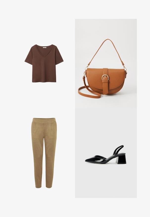 Ruskea puuvillapaita, jossa on lyhyet hihat ja syvä V-kaula-aukko. Yksinkertainen muotoilu, pehmeä rakenne ja suora helma. Ei kuvioita tai yksityiskohtia.; Ruske ručno tkanine hlače s prilagođenim oblikom, elastičnim pojasom i dva bočna džepa. Tkanina ima glatku teksturu s kariranim uzorkom.; Mustat patentoitu nahkakengät, joissa on säären takaosa ja terävä kärki, sekä geometrinen palikkakorko. Sisältää tyylikkään, minimalistisen muotoilun ja sileän pinnan.; Ruskean nahkainen olkalaukku, jossa on kaareva muoto, kultaiset yksityiskohdat ja solkiyksityiskohta. Varustettu irrotettavalla olkahihnalla.