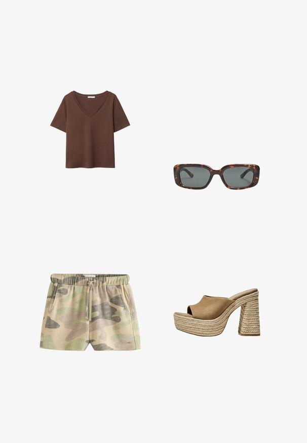 T-shirt en coton brun avec des manches courtes et un décolleté en V profond. Design simple, texture douce et ourlet droit. Pas de motifs ni d'accents.; Shorts courts à motif camouflage en tons beige, vert et gris ; dotés d'une taille élastique avec cordon de serrage et poches latérales. Tissu texturé.; Mules en suède marron à plateforme avec une ouverture à l'avant, présentant un talon en jute tressé épais et un design supérieur lisse et arrondi.; Lunettes de soleil en écaille de tortue avec des verres rectangulaires, monture épaisse et verres teintés foncés. Texture lisse et design minimaliste.