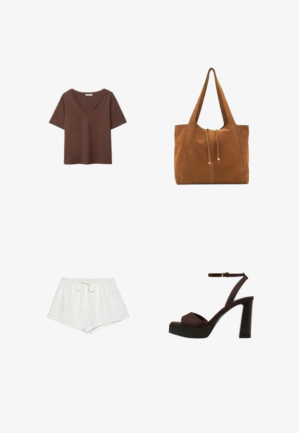 Ruskea puuvillapaita, jossa on lyhyet hihat ja syvä V-kaula-aukko. Yksinkertainen muotoilu, pehmeä rakenne ja suora helma. Ei kuvioita tai yksityiskohtia.; Valkoiset puuvillahousut, joissa on nyörivyö, löysä istuvuus ja sileä rakenne. Helma on suora, ilman lisäkuvioita tai koristeita.; Ruske kožne sandale s visokom potpeticom, otvorenim prstima, podesivim kopčanjem oko gležnja i prugastim platformskim đonom.; Ruskea nubuk-olkalaukku, jossa on kaksi pitkää hihnaa, naru- ja minimalinen sulkemismekanismi. Tasainen pinta ja ei näkyviä metalliosia.