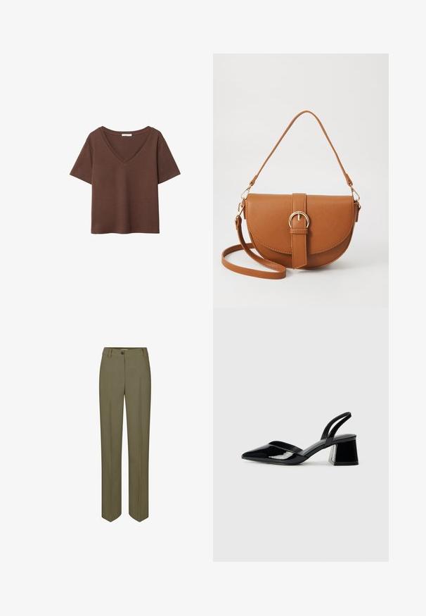 Brun bomulds t-shirt med korte ærmer og dyb V-hals. Enkel design, blød tekstur og lige kant. Ingen mønstre eller detaljer.; Olivengrøn skræddersyet bukser med lige ben, enkelt knaplukning og to frontfolder, med en glat, vævet tekstur.; Sorte patentlæder slingback hæle med spids tå og en geometrisk blok hæl. Har et elegant, minimalistisk design og en glat tekstur.; Brun læder crossbody taske med en buet form, guldfarvet hardware og en spændeaccent. Har en aftagelig skulderrem.