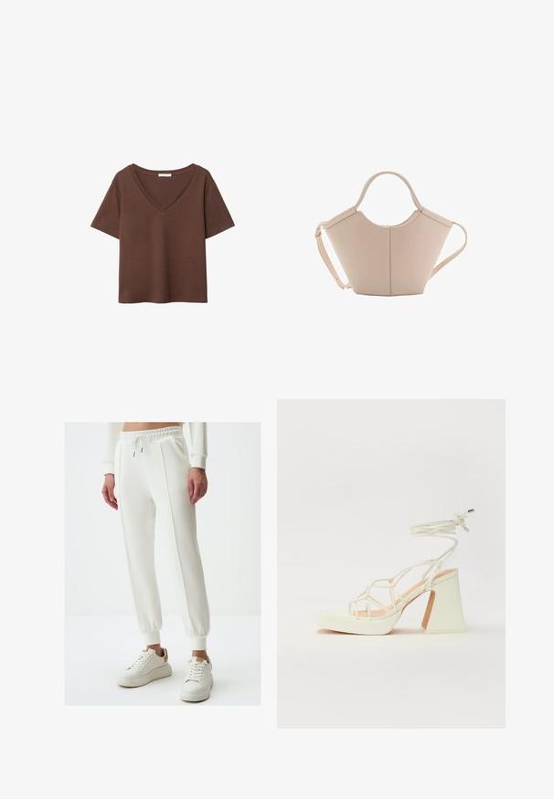 Brown cotton t-shirt with short sleeves and a deep V-neck. Simple design, soft texture, and straight hemline. No patterns or accents.; White sweatpants with a drawstring waist and cuffs, featuring a smooth texture and subtle side seams. Paired with white sneakers.; White high-heeled sandal with a chunky heel, featuring a strappy design and ankle tie. Smooth texture with a platform front for added height.; Beige leather handbag with a unique shape, featuring two short handles and a long adjustable strap. Smooth texture with minimal hardware.