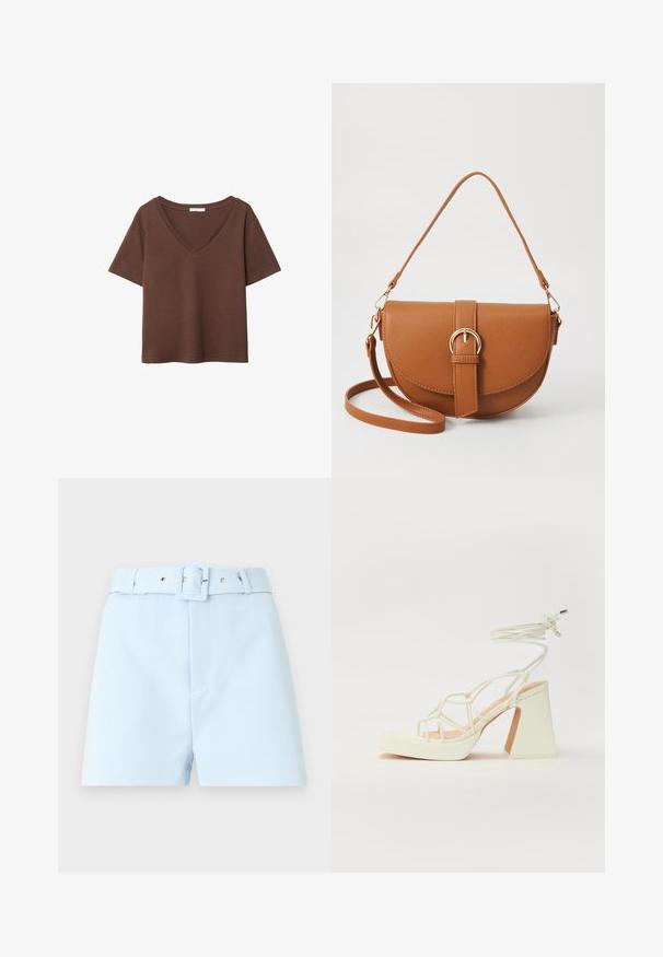 Hnedé bavlnené tričko s krátkymi rukávmi a hlbokým V-výstrihom. Jednoduchý dizajn, jemná textúra a rovný lem. Bez vzorov alebo akcentov.; Svetlomodré šortky s opaskom v páse, s štvorcovou sponou a kovovými doplnkami. Hladká tkanina, tailored strih a skladaná predná časť.; Biele sandále na vysokom opätku s hrubým podpätkom, s pruhovaným dizajnom a viazaním na členku. Hladký povrch s platformou vpredu pre zvýšenú výšku.; Hnedá kožená kabelka cez telo s zakriveným tvarom, zlatými kovovými doplnkami a akcentom s prackou. Obsahuje odnímateľný ramenný popruh.