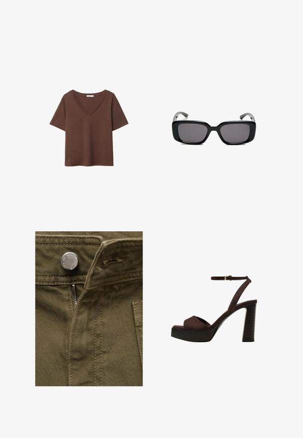 Brązowy bawełniany t-shirt z krótkimi rękawami i głębokim dekoltem w kształcie litery V. Prosty design, miękka faktura i prosty krój u dołu. Brak wzorów i akcentów.; Sukienka z oliwkowej bawełny z widocznym zamkiem błyskawicznym i metalowym detalem guzika; posiada przeszycia i kieszeń boczną.; Brązowe zamszowe sandały na wysokim obcasie z odkrytymi palcami, regulowanym paskiem na kostce i paskowatą podeszwą.; Czarne prostokątne okulary przeciwsłoneczne z ciemnymi soczewkami, gładką plastikową ramką i wygiętymi zausznikami. Projekt jest masywny, o minimalistycznej estetyce.