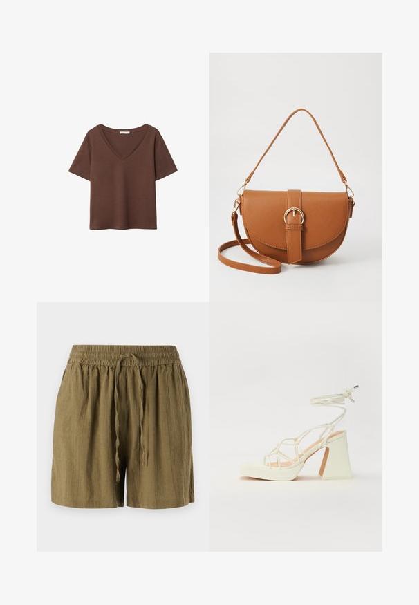 Braunes Baumwoll-T-Shirt mit kurzen Ärmeln und tiefem V-Ausschnitt. Einfaches Design, weiche Textur und gerade Saumlinie. Keine Muster oder Akzente.; Olivegrüne, lockere Shorts aus leichtem Stoff, mit elastischem Bund und Kordelzug für eine entspannte, großzügige Passform.; Weiße High-Heel-Sandale mit einem klobigen Absatz, die über ein Riemchendesign und ein Knöchelband verfügt. Glatte Textur mit einer Plattform vorne für zusätzliche Höhe.; Braune Leder-Crossbody-Tasche mit geschwungener Form, goldfarbenen Beschlägen und einer Schnallenakzentuierung. Verfügt über einen abnehmbaren Schultergurt.
