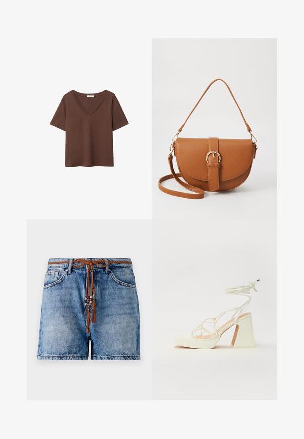 Rjava bombažna majica s kratkimi rokavi in globokim V-izrezom. Preprost dizajn, mehak material in raven rob. Brez vzorcev ali dekorativnih elementov.; Denim kratke hlače v svetlo modri barvi s sproščenim krojem, ki vsebujejo pletenici rjav trak z okrasnimi kroglicami in resicami.; Bela sandala na visokih petah s debelim petam, ki ima obliko trakcev in vezanje okoli gležnja. Gladka tekstura z platformo spredaj za dodatno višino.; Rjava usnjena torbica prek telesa s ukrivljeno obliko, zlate opreme in sponko. Ima odstranljiv naramni trak.
