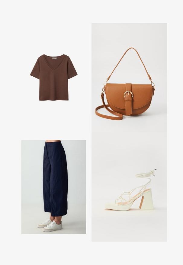 Braunes Baumwoll-T-Shirt mit kurzen Ärmeln und tiefem V-Ausschnitt. Einfaches Design, weiche Textur und gerade Saumlinie. Keine Muster oder Akzente.; Marinefarbene, weit geschnittene Hosen aus leichtem Stoff, mit hohem Bund und vorderem Knopfverschluss. Kombiniert mit weißen Sneakers.; Weiße High-Heel-Sandale mit einem klobigen Absatz, die über ein Riemchendesign und ein Knöchelband verfügt. Glatte Textur mit einer Plattform vorne für zusätzliche Höhe.; Braune Leder-Crossbody-Tasche mit geschwungener Form, goldfarbenen Beschlägen und einer Schnallenakzentuierung. Verfügt über einen abnehmbaren Schultergurt.