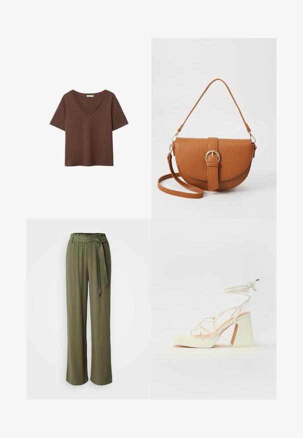 Braunes Baumwoll-T-Shirt mit kurzen Ärmeln und tiefem V-Ausschnitt. Einfaches Design, weiche Textur und gerade Saumlinie. Keine Muster oder Akzente.; Hosen in Olivgrün, aus leichtem Stoff. Verfügt über ein weites Bein, einen elastischen Bund und einen Stoffgürtel mit Schleifen-Detail.; Weiße High-Heel-Sandale mit einem klobigen Absatz, die über ein Riemchendesign und ein Knöchelband verfügt. Glatte Textur mit einer Plattform vorne für zusätzliche Höhe.; Braune Leder-Crossbody-Tasche mit geschwungener Form, goldfarbenen Beschlägen und einer Schnallenakzentuierung. Verfügt über einen abnehmbaren Schultergurt.
