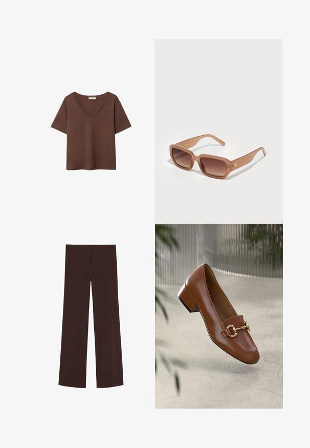 T-shirt in cotone marrone con maniche corte e scollo a V profondo. Design semplice, texture morbida e orlo dritto. Senza fantasie o dettagli.; Pantaloni a gamba larga marroni realizzati in un tessuto elastico. Presentano una superficie liscia e un design semplice e pulito senza aggiunte decorative.; Mocassino in pelle verniciata marrone con punta quadrata, accentato da catena metallica e tacco basso; texture liscia, design minimalista.; Occhiali da sole rettangolari marroni con lenti a gradiente, montatura spessa e un dettaglio con logo sul lato. Materiale in plastica liscia, design minimal.