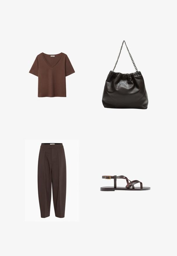 Rjava bombažna majica s kratkimi rokavi in globokim V-izrezom. Preprost dizajn, mehak material in raven rob. Brez vzorcev ali dekorativnih elementov.; Rjave plisirane hlače z visokim pasom, ki imajo gladko, teksturirano tkanino in zožene noge ter nudijo sproščen kroj.; Rjav usnjen sandal z načinom prečnega črta, zaklepom okoli gležnja in ravnim podplatom z minimalnimi šivi.; Rjava usnjena torba z nabranim vrhom in verižnim trakom. Gladka tekstura z sijajno površino in subtilnimi šivi na straneh.