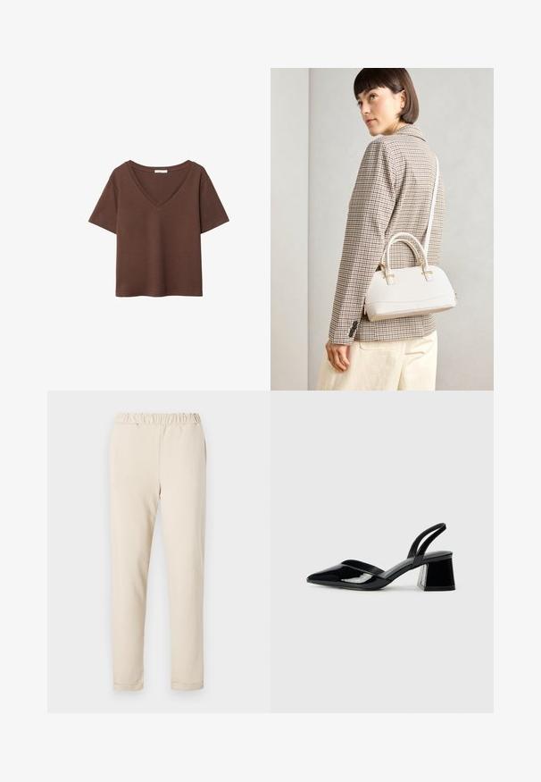 Ruskea puuvillapaita, jossa on lyhyet hihat ja syvä V-kaula-aukko. Yksinkertainen muotoilu, pehmeä rakenne ja suora helma. Ei kuvioita tai yksityiskohtia.; Beige puuvillahousut, joissa on kerätty vyötärönauha, suoralahkeinen muotoilu ja ei näkyviä kuvioita, joissa on sileä rakenne ja yksinkertainen helma.; Mustat patentoitu nahkakengät, joissa on säären takaosa ja terävä kärki, sekä geometrinen palikkakorko. Sisältää tyylikkään, minimalistisen muotoilun ja sileän pinnan.; Valkoinen rakenteellinen käsilaukku, jossa on lyhyet kahvat ja olkahihna, varustettu kultaisilla metalliosilla ja tekstuurilla, esillä harmaata taustaa vasten.