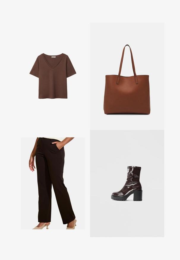 Hnedé bavlnené tričko s krátkymi rukávmi a hlbokým V-výstrihom. Jednoduchý dizajn, jemná textúra a rovný lem. Bez vzorov alebo akcentov.; Čierne nohavice so striktným strihom, so bočnými vreckami a hladkým povrchom. Nosené s svetlými topánkami, vhodné na rôzne príležitosti.; Lesklé burgundské kotníkové boty s robustním černým podpatkem, s hladkou strukturou a jednoduchým designem. Bez viditelných zapínání nebo vzorů.; Hnedá kožená taška na rameno s hladkou textúrou, otvoreným vrchom a dvoma ramenými popruhmi. Má minimálne šitia a žiadne viditeľné kovania.