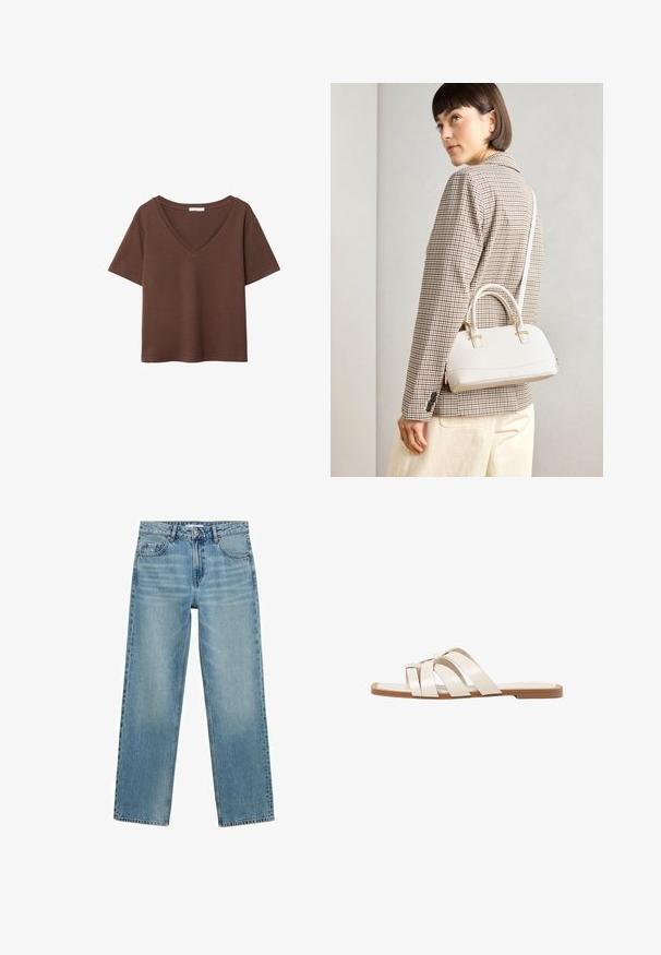 Rjava bombažna majica s kratkimi rokavi in globokim V-izrezom. Preprost dizajn, mehak material in raven rob. Brez vzorcev ali dekorativnih elementov.; Svjetloplave traperice ravnog kroja, s pet džepova, kopčanjem na gumb i vidljivim šavovima.; Ravne sandale s svetlo rjavim gumijastim podplatom, zasnovane s tremi prekrivajočimi se belimi usnjenimi trakovi in majhnim lokom na sredini.; Bela strukturirana torba z kratkimi ročaji in naramnim trakom, z zlatimi okrasnimi elementi in teksturiranim materialom, prikazana na sivi podlagi.