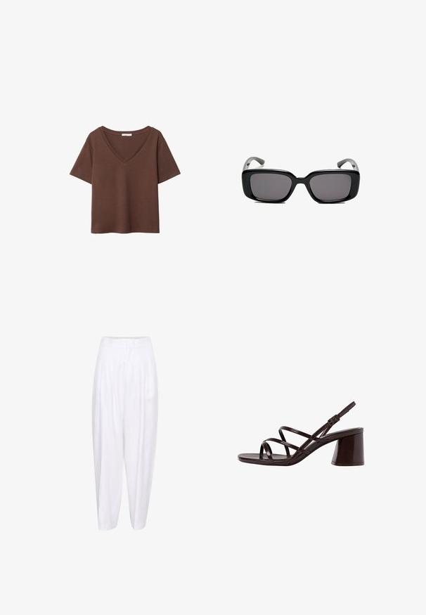 Brun bomulls t-shirt med korta ärmar och djup V-ringning. Enkel design, mjuk textur och rak fåll. Inga mönster eller dekorationer.; Vita linnebyxor med hög midja, med framfållar och en avslappnad silhuett som smalnar av vid ankeln. Slät yta, inga mönster.; Brun rem sandal med hög klack och kraftig klack, med en slät, glänsande yta och flera korsande remmar på övre delen.; Svarta rektangulära solglasögon med mörka linser, slimmad plastbåge och böjda tempel. Designen är kraftig med en minimalistisk estetik.