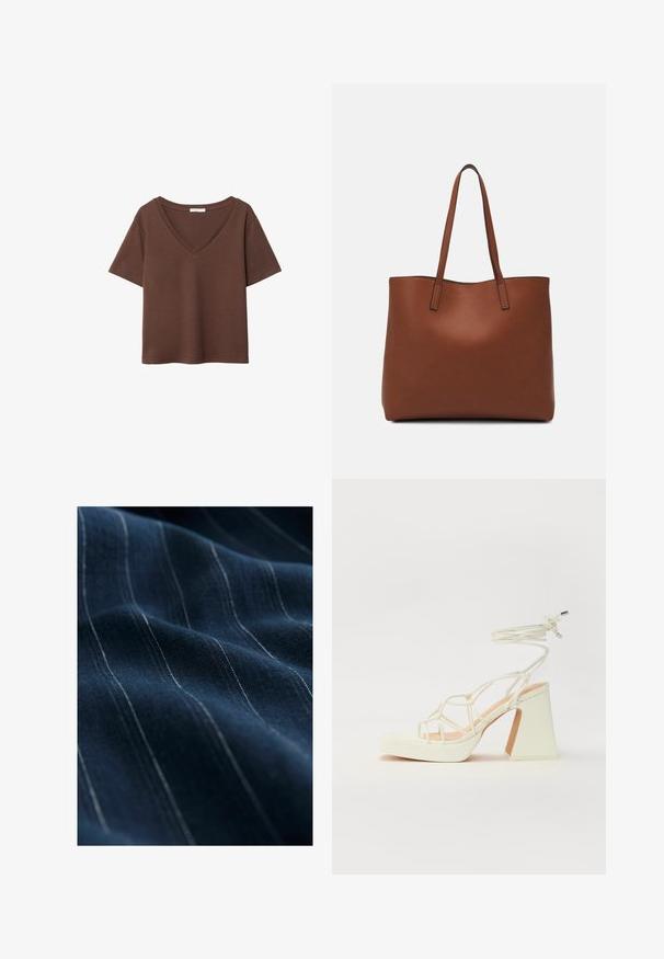 Smeđa pamučna majica kratkih rukava s dubokim V-izrezom. Jednostavan dizajn, mekana tekstura i ravni rub. Bez uzoraka ili naglasaka.; Mornarice tkanina s finim bijelim vertikalnim prugama, koja pokazuje glatku teksturu i blagi sjaj, presavijena kako bi se istaknula njezina draperija i mekoća.; Bijela sandala na visokoj potpetici s debelim petom, s remenom i vezanjem oko gležnja. Glatka tekstura s platformom sprijeda za dodatnu visinu.; Smeđa kožna torba preko ramena s glatkom teksturom, otvorenim vrhom i dvjema naramenicama. Ima minimalne šavove i nema vidljivog hardvera.