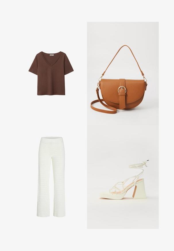 Brązowy bawełniany t-shirt z krótkimi rękawami i głębokim dekoltem w kształcie litery V. Prosty design, miękka faktura i prosty krój u dołu. Brak wzorów i akcentów.; Białe, prążkowane spodnie dzianinowe o szerokich nogawkach i elastycznej talii, z poziomymi paskami dla tekstury i detalu.; Biała sandał na wysokim obcasie z masywnym słupkiem, z paskowym wzorem i wiązaniem przy kostce. Gładka faktura z platformą z przodu dla dodatkowej wysokości.; Brązowa skórzana torba na ramię o zaokrąglonym kształcie, ze złotymi akcentami i zapięciem w formie klamry. Posiada odpinany pasek na ramię.