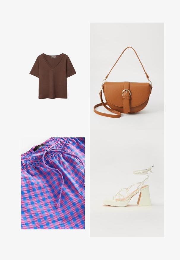 Brun bomulds t-shirt med korte ærmer og dyb V-hals. Enkel design, blød tekstur og lige kant. Ingen mønstre eller detaljer.; Next PULL ON GINGHAM - Bukser - blue pink; Hvide højhælede sandaler med en kraftig hæl, der har et stropdesign og ankelbinding. Glat tekstur med en platform foran for ekstra højde.; Brun læder crossbody taske med en buet form, guldfarvet hardware og en spændeaccent. Har en aftagelig skulderrem.