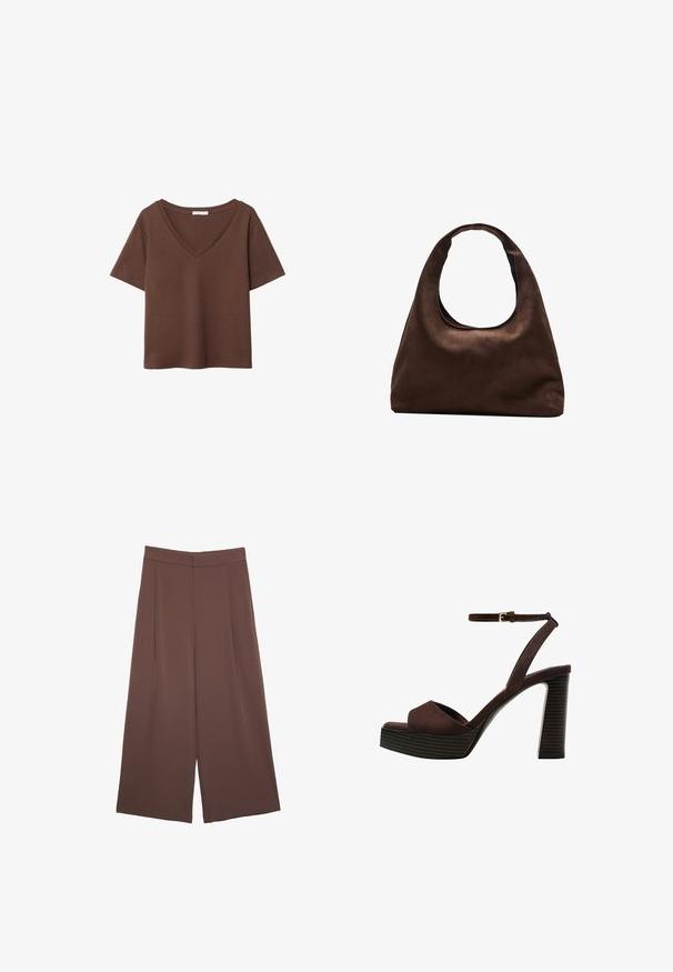 Bruine katoenen t-shirt met korte mouwen en een diepe V-hals. Eenvoudig ontwerp, zachte textuur en rechte zoom. Geen patronen of accenten.; Bruine wijde broek met een gladde textuur, voorzien van een hoge taille en plooien aan de voorkant. De stof is lichtgewicht en valt losjes.; Bruine suède high-heeled sandaal met een open teen, verstelbare enkelband en een gestreepte plateauzool.; Zachte bruine hobo-stijl handtas met een enkele brede schouderband en een gebogen opening aan de bovenkant, weergegeven op een witte achtergrond.