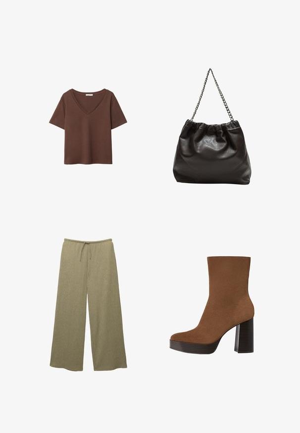 Brown cotton t-shirt with short sleeves and a deep V-neck. Simple design, soft texture, and straight hemline. No patterns or accents.; Light green wide-leg trousers with a textured ribbed fabric, featuring an elastic waistband and drawstring detail for adjustable fit.; Brown suede ankle boot with a rounded toe, chunky black striped heel, and a smooth surface. Features a fitted design without visible hardware.; Brown leather bag with a gathered top and a chain strap. Smooth texture with a glossy finish and subtle seam detailing on the sides.