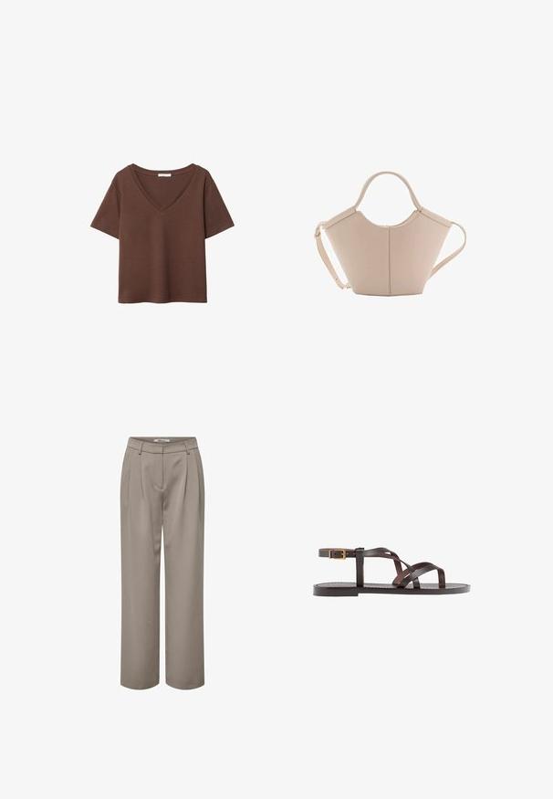 Brun bomulds t-shirt med korte ærmer og dyb V-hals. Enkel design, blød tekstur og lige kant. Ingen mønstre eller detaljer.; Lysebrune brede bukser med folder, en glat tekstur og et enkelt talje-design. Simple og alsidige til forskellige outfits.; Brune lædersandal med krydsende stropper, ankelspænde og en flad sål med minimale syninger.; Lysebrun læderhåndtaske med en unik form, featuring to korte håndtag og et langt justerbart rem. Glat tekstur med minimal hardware.
