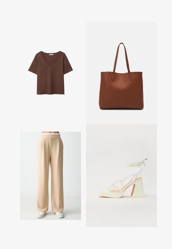 Brown cotton t-shirt with short sleeves and a deep V-neck. Simple design, soft texture, and straight hemline. No patterns or accents.; Beige, wide-leg trousers made from smooth fabric with a relaxed fit. Features a soft, elastic waistband and subtle pleats at the front.; White high-heeled sandal with a chunky heel, featuring a strappy design and ankle tie. Smooth texture with a platform front for added height.; Brown leather tote bag with a smooth texture, open top design, and two shoulder straps. Features minimal stitching and no visible hardware.
