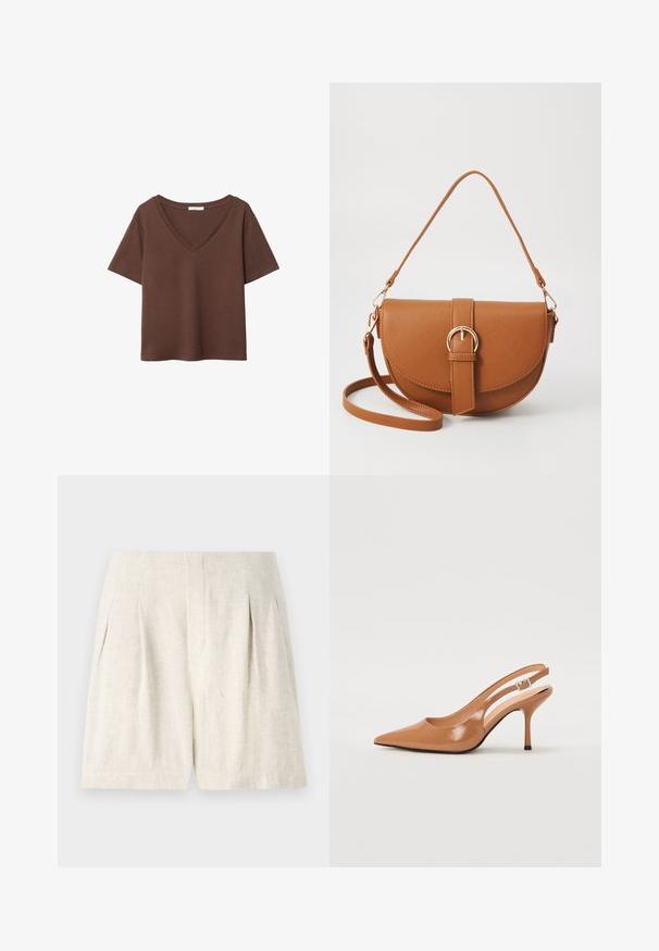 Brown cotton t-shirt with short sleeves and a deep V-neck. Simple design, soft texture, and straight hemline. No patterns or accents.; Light beige linen shorts with a tailored design, featuring pleats and a clean, straight cut. Smooth texture, no visible hardware or accents.; Pointed toe slingback heel in a smooth, glossy tan material. Features a curved cutout design and a slender stiletto heel. Silver buckle detail.; Brown leather crossbody bag with a curved shape, gold hardware, and a buckle accent. Features a detachable shoulder strap.