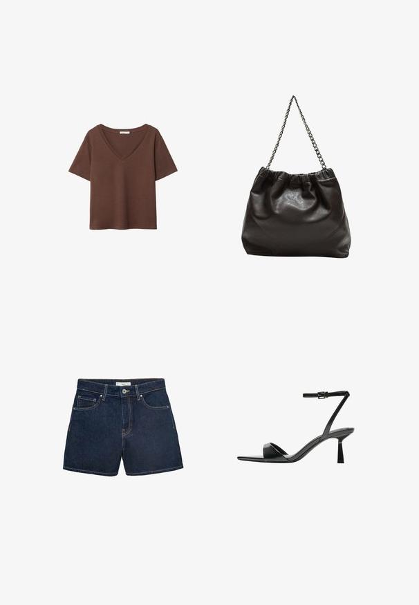 Brun bomulls t-shirt med korta ärmar och djup V-ringning. Enkel design, mjuk textur och rak fåll. Inga mönster eller dekorationer.; Jeansshorts i mörkblått med en åtsittande midja, femfickdesign och kontrasterande sömmar runt kanterna. Klassisk knappstängning.; Bershka Sandaletter - black; Brun läderväska med rynkad topp och kedjesnodd. Slät textur med en blankslipad yta och subtila sömdetaljer på sidorna.