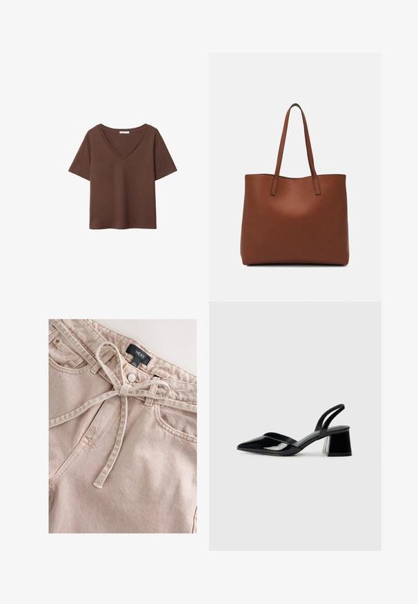Brązowy bawełniany t-shirt z krótkimi rękawami i głębokim dekoltem w kształcie litery V. Prosty design, miękka faktura i prosty krój u dołu. Brak wzorów i akcentów.; Jasnoróżowe spodnie dżinsowe z wiązanym paskiem w talii, z przednim guzikiem, szlufkami na pasek i dwoma przednimi kieszeniami, wykonane z fakturowanej tkaniny.; Czarne lakierowane półbuty na obcasie z wydłużonym noskiem i geometrycznym słupkiem. Charakteryzują się eleganckim, minimalistycznym designem oraz gładką fakturą.; Brązowa skórzana torba tote o gładkiej fakturze, z otwartym wierzchem i dwoma ramiączkami. Charakteryzuje się minimalnym przeszyciem i brakiem widocznych elementów metalowych.