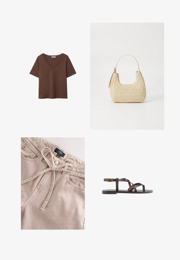 Brązowy bawełniany t-shirt z krótkimi rękawami i głębokim dekoltem w kształcie litery V. Prosty design, miękka faktura i prosty krój u dołu. Brak wzorów i akcentów.; Jasnoróżowe spodnie dżinsowe z wiązanym paskiem w talii, z przednim guzikiem, szlufkami na pasek i dwoma przednimi kieszeniami, wykonane z fakturowanej tkaniny.; Brązowe skórzane sandały z krzyżującymi się paskami, zapięciem na klamrę przy kostce oraz płaską podeszwą z minimalnymi detalami szycia.; Torebka z plecionego słomy w odcieniu beżowym o zaokrąglonym kształcie, z krótkim uchwytem i bocznym zamkiem błyskawicznym. Posiada teksturowaną powierzchnię i minimalistyczny design.