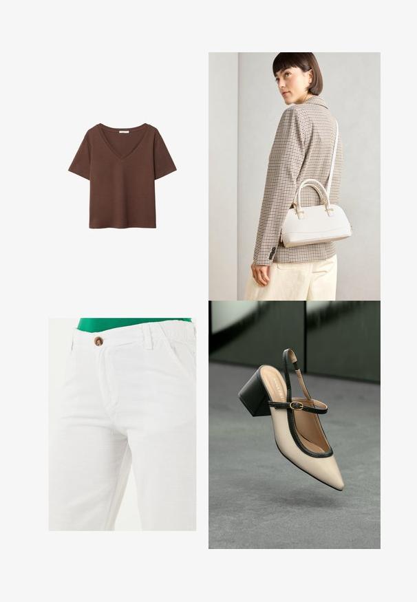 Rjava bombažna majica s kratkimi rokavi in globokim V-izrezom. Preprost dizajn, mehak material in raven rob. Brez vzorcev ali dekorativnih elementov.; LELA REGULAR FIT - Hlače - white; Bežna slingback čevlja z uskim sprednjim delom, črnimi detajli, zlatim zaponko in debelim blokovskim peto na sivi tleh s temno zeleno ozadje.; Bela strukturirana torba z kratkimi ročaji in naramnim trakom, z zlatimi okrasnimi elementi in teksturiranim materialom, prikazana na sivi podlagi.