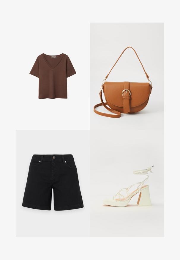 Smeđa pamučna majica kratkih rukava s dubokim V-izrezom. Jednostavan dizajn, mekana tekstura i ravni rub. Bez uzoraka ili naglasaka.; Crne traper šortse s ravnim krojem, prednjim džepovima i kopčanjem na gumu u struku. Glatka tekstura i minimalistički stil.; Bijela sandala na visokoj potpetici s debelim petom, s remenom i vezanjem oko gležnja. Glatka tekstura s platformom sprijeda za dodatnu visinu.; Smeđa kožna torba preko tijela s zakrivljenim oblikom, zlatnim metalnim detaljima i naglaskom na kopču. Ima odvojivu naramenicu.