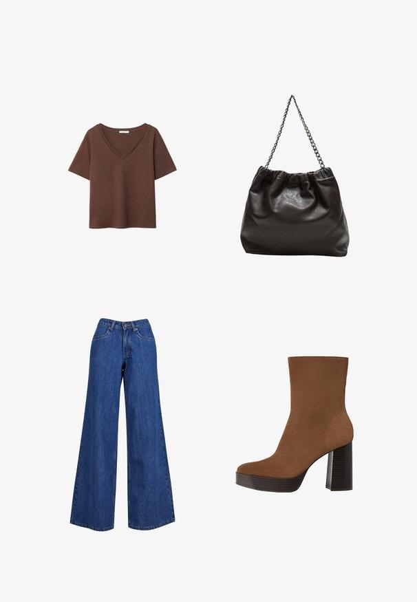 Hnědý bavlněný tričko s krátkými rukávy a hlubokým V-výstřihem. Jednoduchý design, měkká textura a rovný lem. Žádné vzory ani akcenty.; Džínové kalhoty s širokými nohavicemi v středně modré barvě, s vysokým pasem, kontrastním prošíváním a klasickým pětikapsovým designem.; Hnědé semišové kotníkové boty s kulatou špičkou, robustním černým pruhovaným podpatkem a hladkým povrchem. Mají přiléhavý design bez viditelného kování.; Hnědá kožená taška se sbíraným vrškem a řetízkovým popruhem. Hladký povrch s lesklým finišem a jemným švem na bocích.