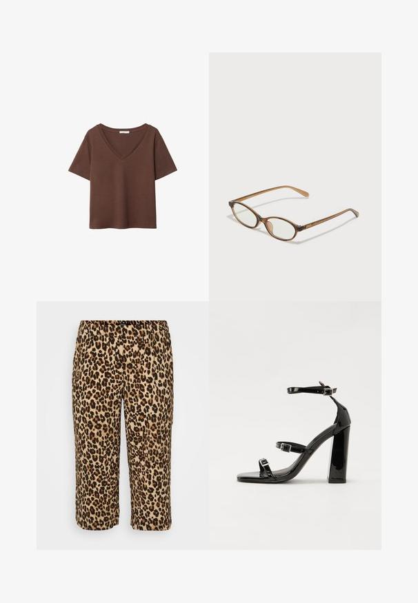 Smeđa pamučna majica kratkih rukava s dubokim V-izrezom. Jednostavan dizajn, mekana tekstura i ravni rub. Bez uzoraka ili naglasaka.; Hlače s uzorkom leopard u mekom materijalu. Imaju elastičnu pasicu, skraćenu dužinu i uzorak crnih i smeđih mrlja na bež pozadini.; Crne lakirane sandale na pete sa kvadratnim nosom, trakama oko gležnja i srebrnim kopčama. Imaju čvrst blok petu za stabilnost.; Smeđe skupe naočale s ovalnim lećama, tankim drškama i prozirnim akcentima. Ima suptilan logo na sljepoočnici. Elegantan, lagan dizajn.
