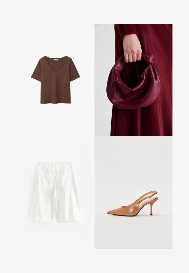T-shirt en coton brun avec des manches courtes et un décolleté en V profond. Design simple, texture douce et ourlet droit. Pas de motifs ni d'accents.; Shorts en denim blanc en coton avec une coupe droite, dotés de deux poches arrière, de passants de ceinture et d'un ourlet qui tombe juste au-dessus du genou.; Escarpin à talon slingback à bout pointu en matériau beige lisse et brillant. Présente un design de découpes courbées et un talon aiguille fin. Détail de boucle en argent.; Sac à main en cuir bordeaux au design doux et froncé, avec une forme arrondie. La poignée est fixée, mettant en valeur une texture lisse.