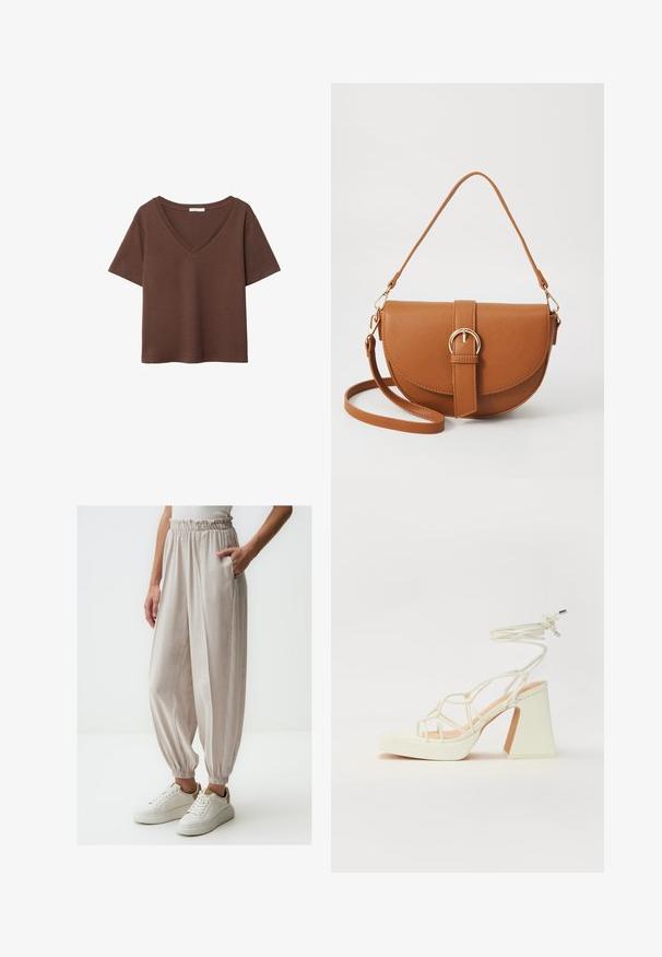 Brown cotton t-shirt with short sleeves and a deep V-neck. Simple design, soft texture, and straight hemline. No patterns or accents.; Light beige, loosely fitting pants with a gathered waist and elastic cuffs, featuring side pockets and smooth texture, paired with white sneakers.; White high-heeled sandal with a chunky heel, featuring a strappy design and ankle tie. Smooth texture with a platform front for added height.; Brown leather crossbody bag with a curved shape, gold hardware, and a buckle accent. Features a detachable shoulder strap.