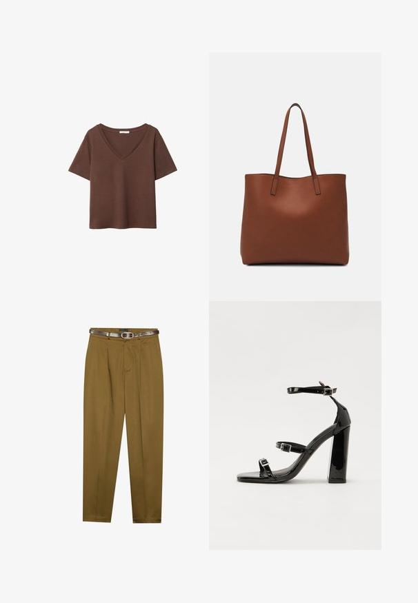 Brązowy bawełniany t-shirt z krótkimi rękawami i głębokim dekoltem w kształcie litery V. Prosty design, miękka faktura i prosty krój u dołu. Brak wzorów i akcentów.; Brązowe, dopasowane spodnie z plisowanym przodem i dopasowanym pasem. W zestawie ciemnobrązowy skórzany pasek z okrągłą klamrą.; Czarne lakierowane sandały na obcasie z kwadratowym noskiem, z paskami wokół kostki i srebrnymi klamrami. Posiadają masywny słupek dla stabilności.; Brązowa skórzana torba tote o gładkiej fakturze, z otwartym wierzchem i dwoma ramiączkami. Charakteryzuje się minimalnym przeszyciem i brakiem widocznych elementów metalowych.