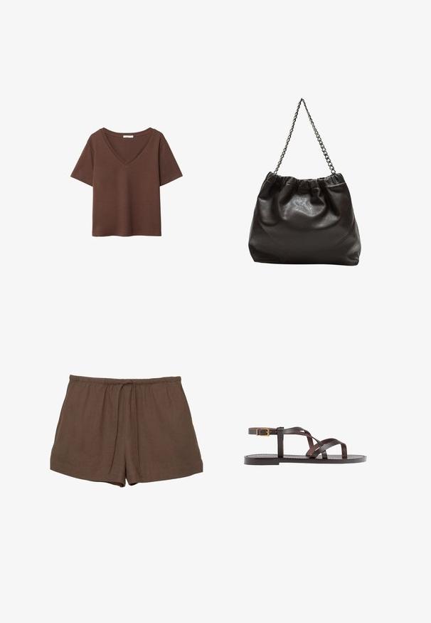 Braunes Baumwoll-T-Shirt mit kurzen Ärmeln und tiefem V-Ausschnitt. Einfaches Design, weiche Textur und gerade Saumlinie. Keine Muster oder Akzente.; Braune Leinen-Shorts mit einem elastischen Bund und Kordelzug, die ein einfaches Design und eine glatte Textur aufweisen. Keine sichtbaren Taschen.; Braune Leder-Sandale mit überkreuzten Riemen, einem Knöchelriemen mit Schnalle und einer flachen Sohle mit minimalen Nähdetails.; Braune Lederhandtasche mit gerafftem Oberteil und Kettenriemen. Glatte Textur mit glänzendem Finish und subtilen Nahtdetails an den Seiten.