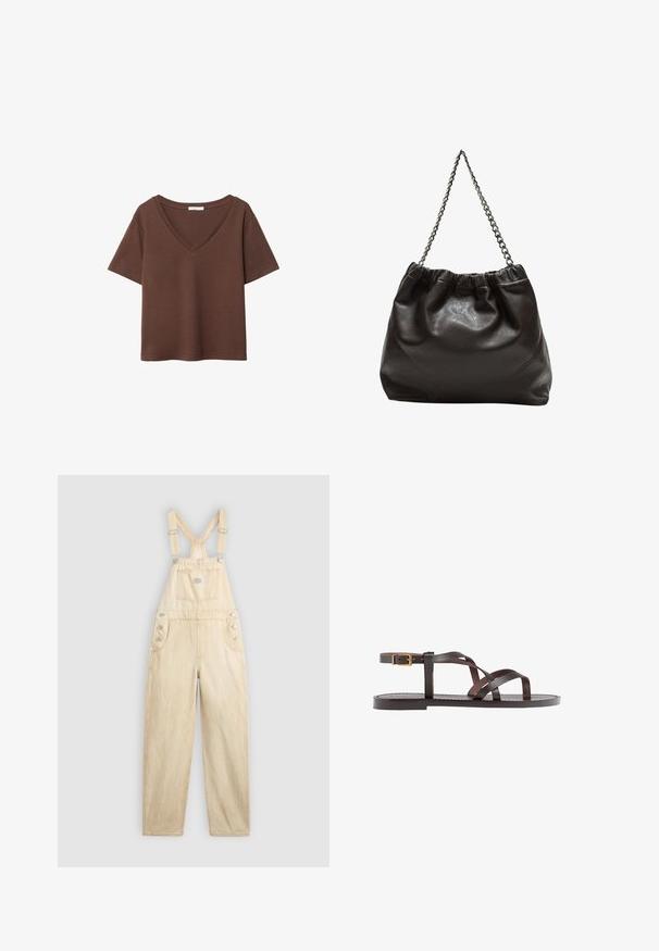 Rjava bombažna majica s kratkimi rokavi in globokim V-izrezom. Preprost dizajn, mehak material in raven rob. Brez vzorcev ali dekorativnih elementov.; Svetlo bež overall iz denima, ki ima kvadratno žep, nastavljive naramnice, pritrdilne gumbe na strani in širok kroj.; Rjav usnjen sandal z načinom prečnega črta, zaklepom okoli gležnja in ravnim podplatom z minimalnimi šivi.; Rjava usnjena torba z nabranim vrhom in verižnim trakom. Gladka tekstura z sijajno površino in subtilnimi šivi na straneh.