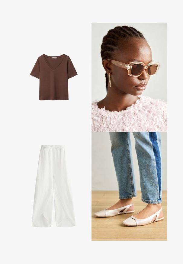 Ruskea puuvillapaita, jossa on lyhyet hihat ja syvä V-kaula-aukko. Yksinkertainen muotoilu, pehmeä rakenne ja suora helma. Ei kuvioita tai yksityiskohtia.; Valkoiset leveät housut kevyestä kankaasta, jossa on joustava vyötärö ja sivuhalkiot hengittävyyden ja liikkumisvapauden vuoksi.; Vaaleanpunaiset slingback-ballerinat, joissa on terävä kärki, valmistettu sileästä nahkamaisesta materiaalista. Sivujen leikkuuyksityiskohdat ja tasapohja.; Beige-yksinkertaiset aurinkolasit, joissa on kirkas kehys ja ruskeat sävytetyt linssit, jotka sisältävät hienovaraisia kukkakuvioita ja rohkeaa geometristä muotoilua.