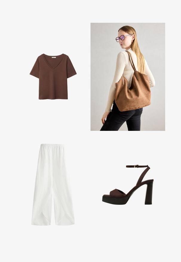 Ruskea puuvillapaita, jossa on lyhyet hihat ja syvä V-kaula-aukko. Yksinkertainen muotoilu, pehmeä rakenne ja suora helma. Ei kuvioita tai yksityiskohtia.; Valkoiset leveät housut kevyestä kankaasta, jossa on joustava vyötärö ja sivuhalkiot hengittävyyden ja liikkumisvapauden vuoksi.; Ruske kožne sandale s visokom potpeticom, otvorenim prstima, podesivim kopčanjem oko gležnja i prugastim platformskim đonom.; Ruskea nubukkivuoriolaukku, jossa on pehmeä rakenne, tilava avaus ja pitkät hihnat. Ominaisuuksiin kuuluu yksinkertainen muotoilu näkyvine ompeleineen ja ilman metalliosia.