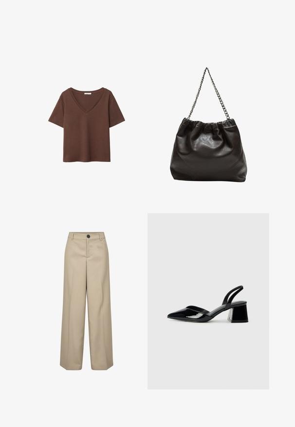 Ruskea puuvillapaita, jossa on lyhyet hihat ja syvä V-kaula-aukko. Yksinkertainen muotoilu, pehmeä rakenne ja suora helma. Ei kuvioita tai yksityiskohtia.; Beige housut, joissa on korkea vyötärö ja leveät lahkeet, yhdellä etunapeilla, vyön lenkeillä ja presstatuilla saumoilla. Sileä pinta ja muotoiltu siluetti.; Mustat patentoitu nahkakengät, joissa on säären takaosa ja terävä kärki, sekä geometrinen palikkakorko. Sisältää tyylikkään, minimalistisen muotoilun ja sileän pinnan.; Ruskea nahkainen laukku, jossa on kerätty yläosa ja ketjuhihna. Tasainen pinta, jossa kiiltävä viimeistely ja hienovaraiset sauman yksityiskohdat sivuilla.
