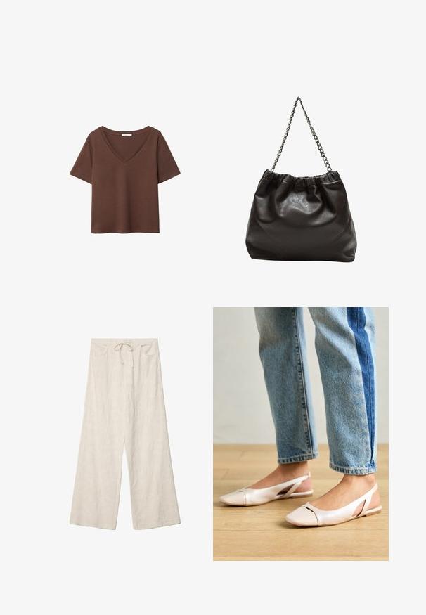 T-shirt en coton brun avec des manches courtes et un décolleté en V profond. Design simple, texture douce et ourlet droit. Pas de motifs ni d'accents.; Pantalons larges en un tissu crème clair, présentant un motif floral texturé, une taille élastique et des poches avant.; Ballerines slingback rose pâle avec un bout pointu, fabriquées en un matériau semblable au cuir lisse. Présentent des découpes sur les côtés et un talon plat.; Sac en cuir marron avec un haut froncé et une bandoulière en chaîne. Texture lisse avec une finition brillante et des coutures subtiles sur les côtés.