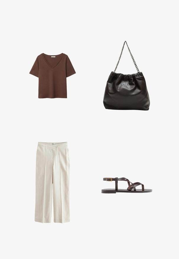Bruine katoenen t-shirt met korte mouwen en een diepe V-hals. Eenvoudig ontwerp, zachte textuur en rechte zoom. Geen patronen of accenten.; Next ASYMETRIC WAITBAND TAILORED WIDE LEG - Broek - neutral; Bruine leren sandaal met kruisingen van banden, een enkelgesp-sluiting en een platte zool met minimale stikdetails.; Bruine leren tas met een geplooide bovenkant en een kettinghengsel. Glad textuur met een glanzende afwerking en subtiele naaddetails aan de zijkanten.